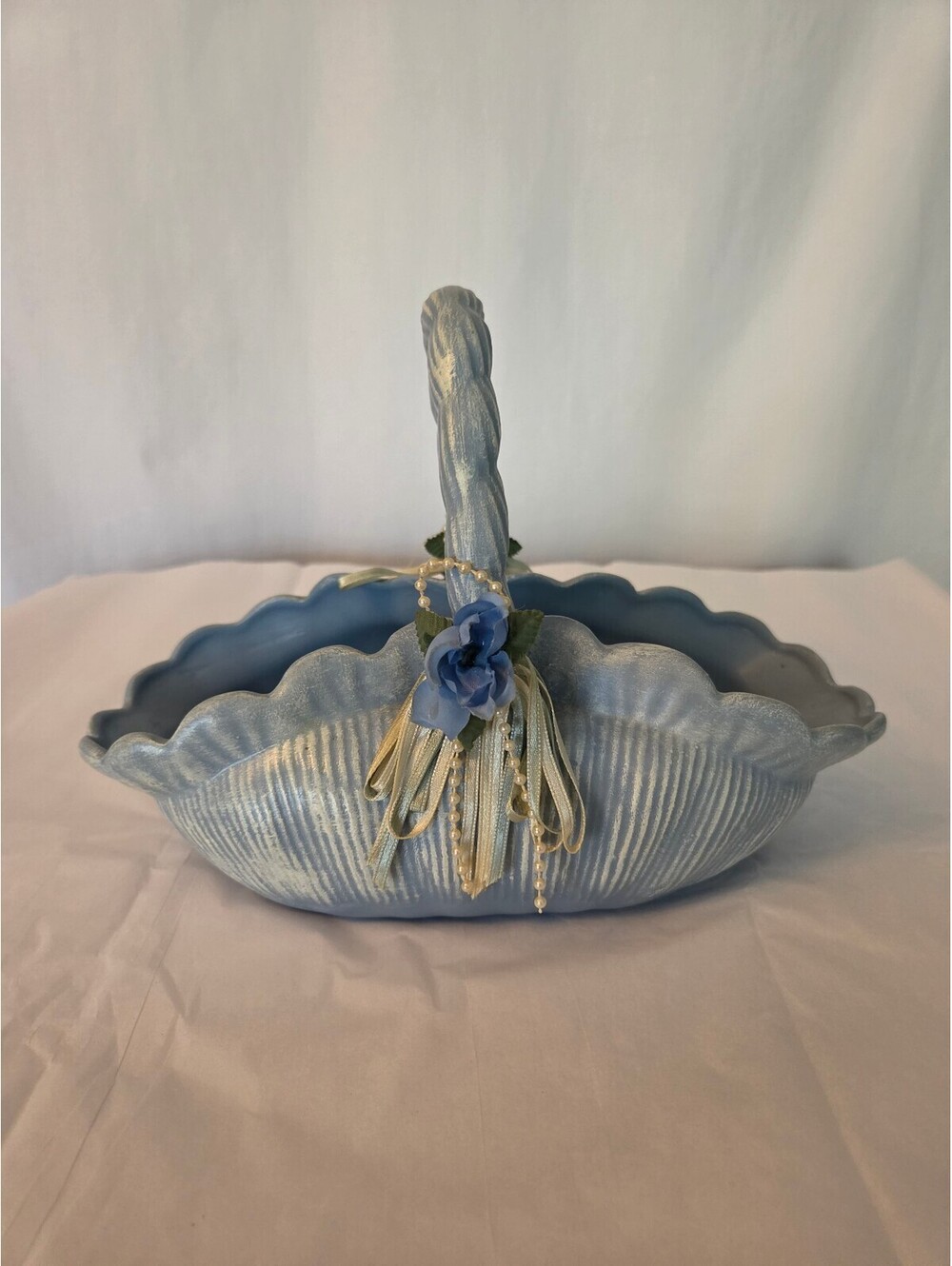 Vintage Blue Decorative Basket with Floral Accents